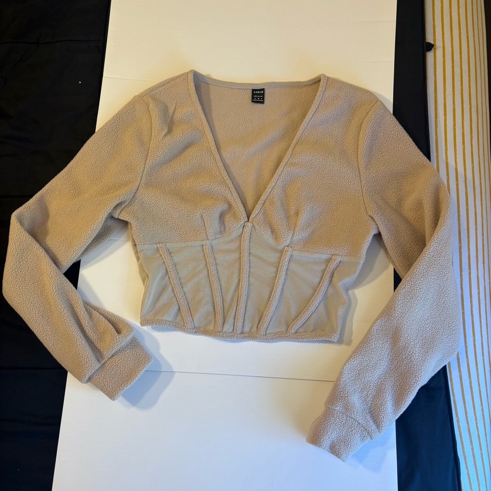 Beige Fleece Long Sleeve Corset‎ Style Crop Top (Size M)